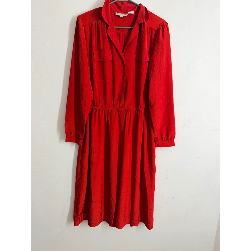 Andrea Gayle Vintage Red Long Sleeve Midi Shirt Dress Elastic Waist Womens 12